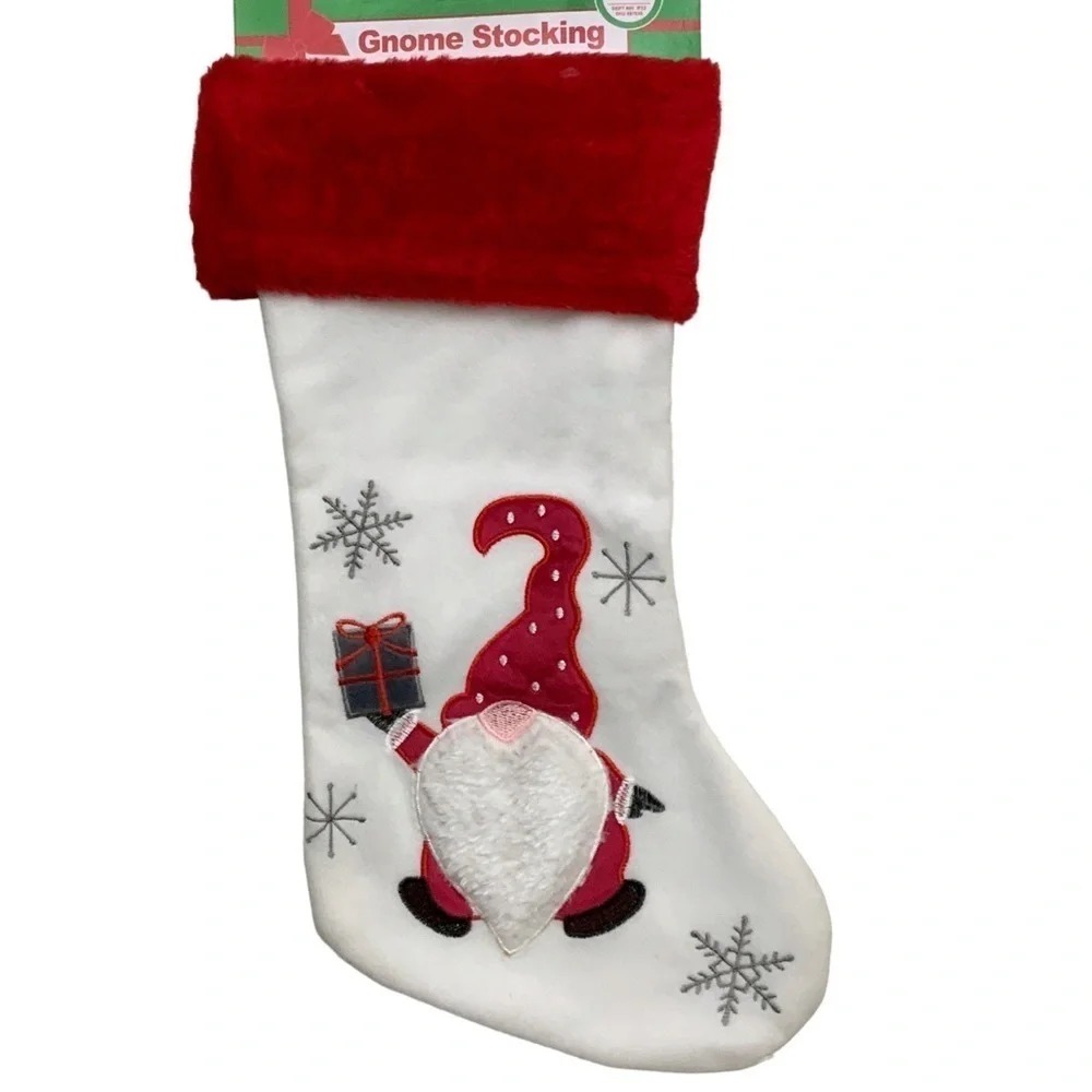 Christmas Stocking Santa Gnome Embroidery Embellishments 17 inches White Red